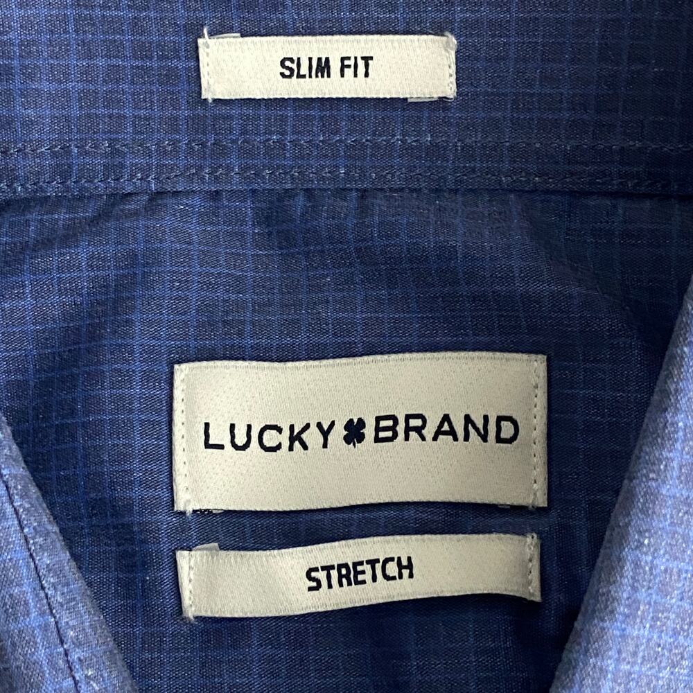 Lucky Brand Dress Shirt Men's 15-15.5 34/35 Slim Fit Blue Geo Print Stretch NEW - Picture 8 of 14
